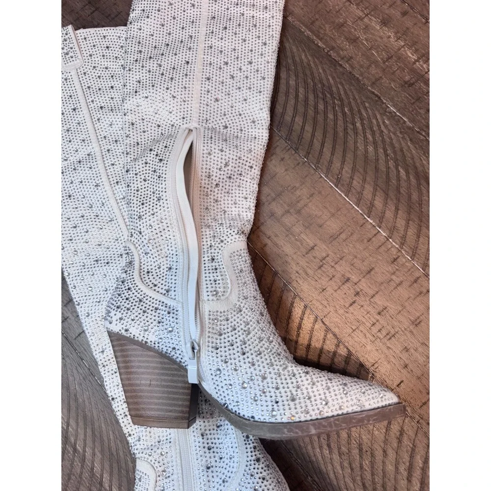 Forever White Rhinestone Over The Knee Western Cowgirl Boots Pointed Toe Heel 9